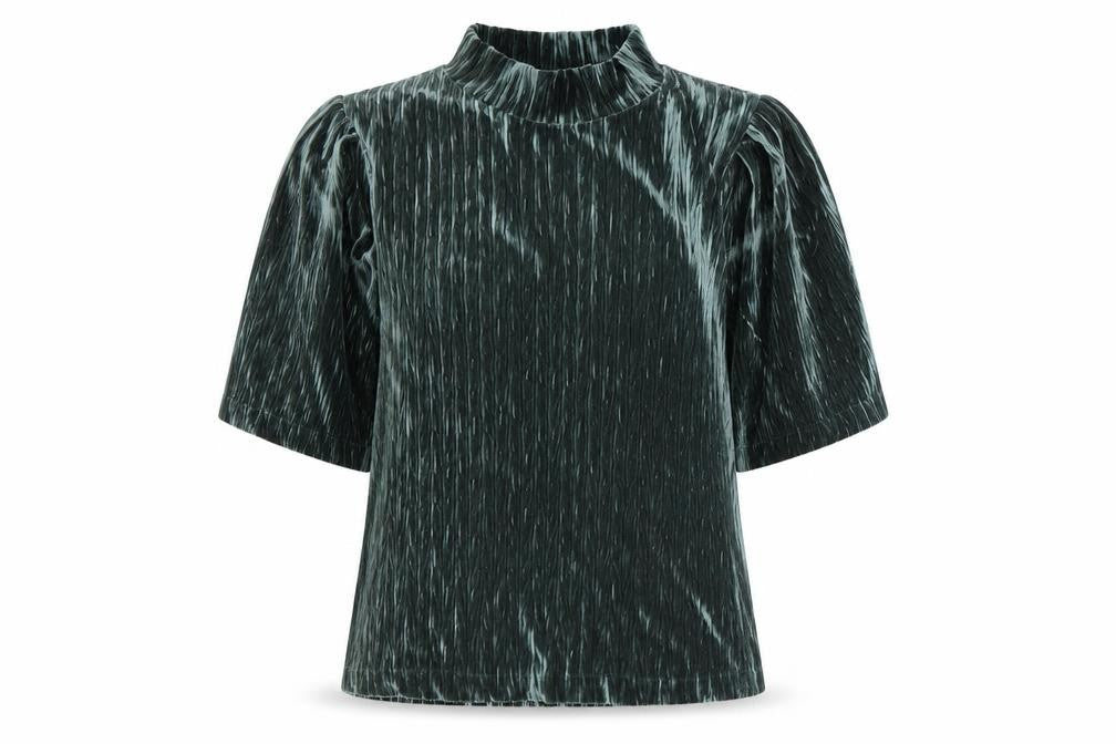 Front view of b.young Women's Green Velvet Mock Neck Puff Sleeve Blouse, size M