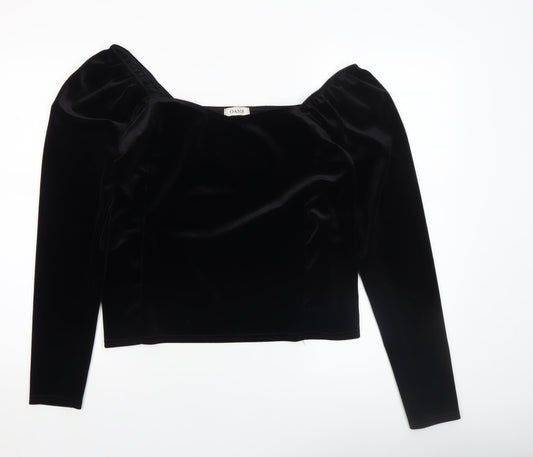 Oasis Women Black Velvet Long Sleeve Cropped Blouse Size L