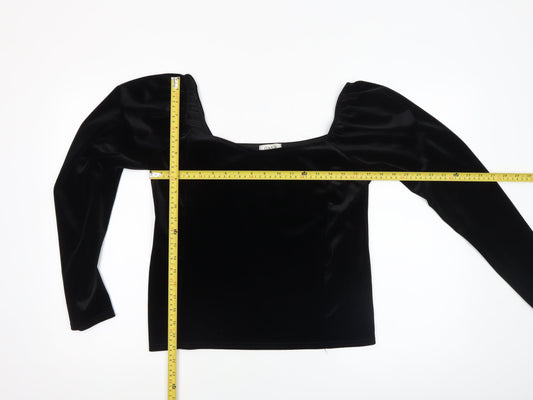 Oasis Women Black Velvet Long Sleeve Cropped Blouse Size L