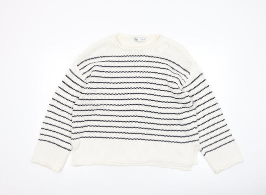 ZARA Women Ivory Striped Cotton Knit Jumper Size L