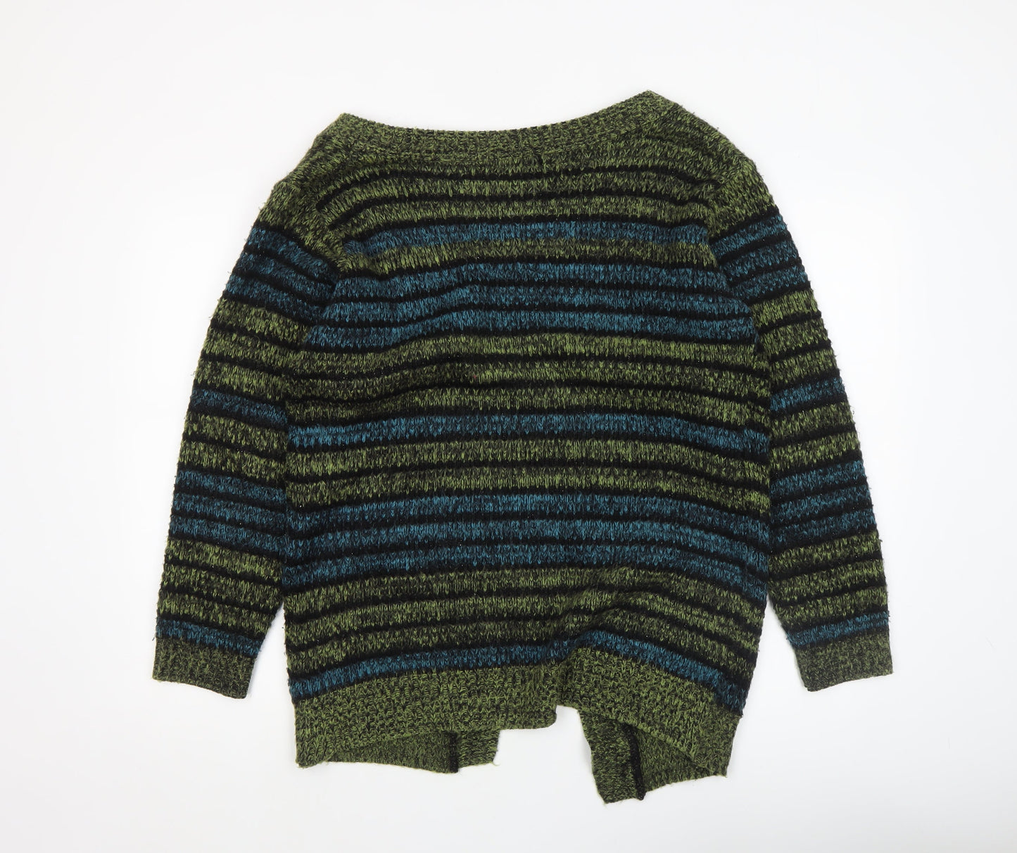 Pura Moda Women's Green Striped Chunky Knit Open Cardigan S