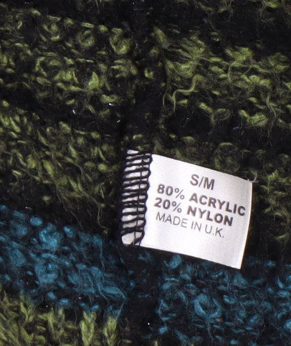 Pura Moda Women's Green Striped Chunky Knit Open Cardigan S