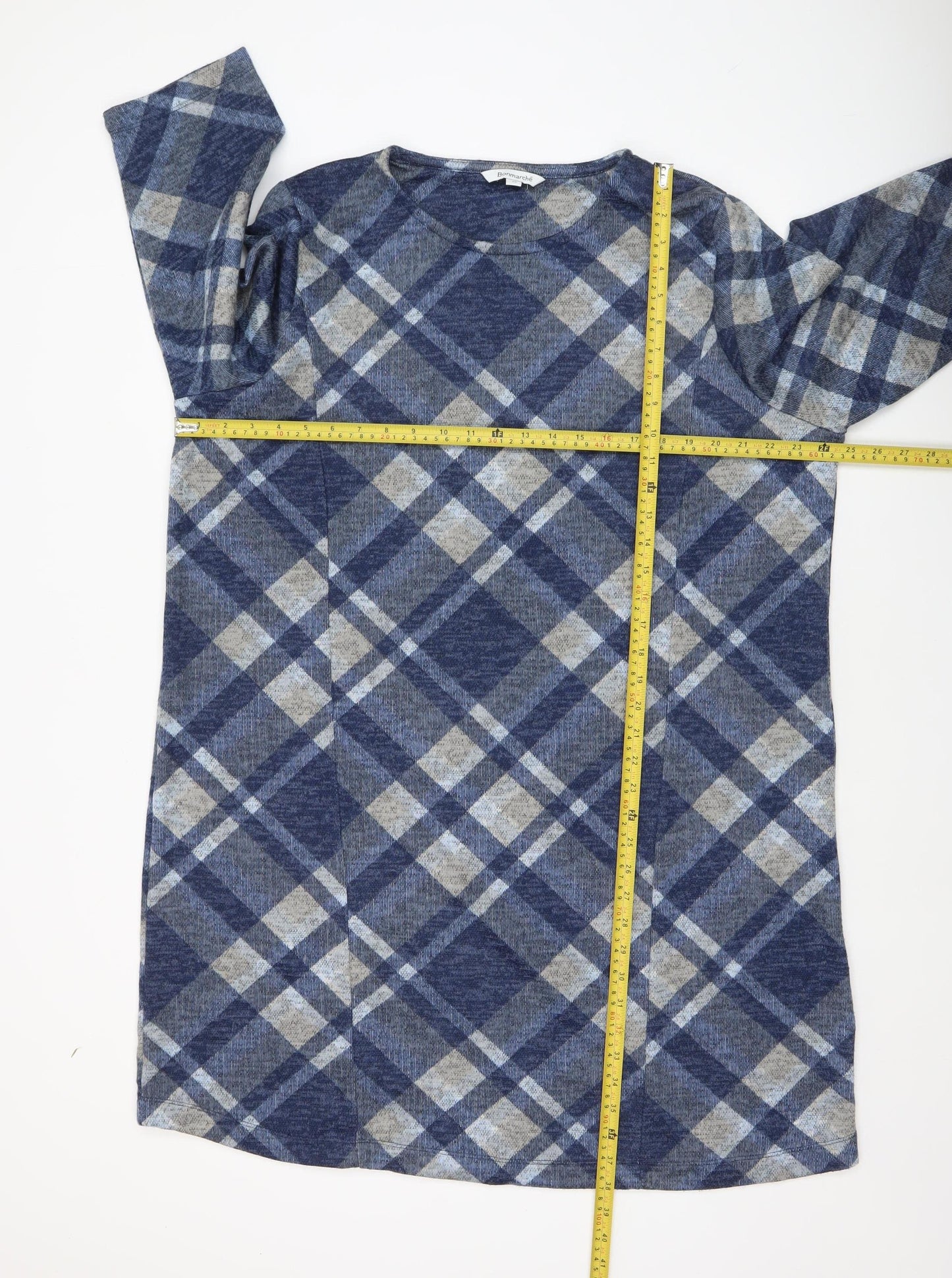 Bonmarché Women Blue Check Shift Dress Size 24 Long Sleeve