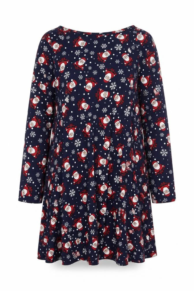 Fluid Women’s Blue Christmas Santa Print Long Sleeve Shift Dress Size 16