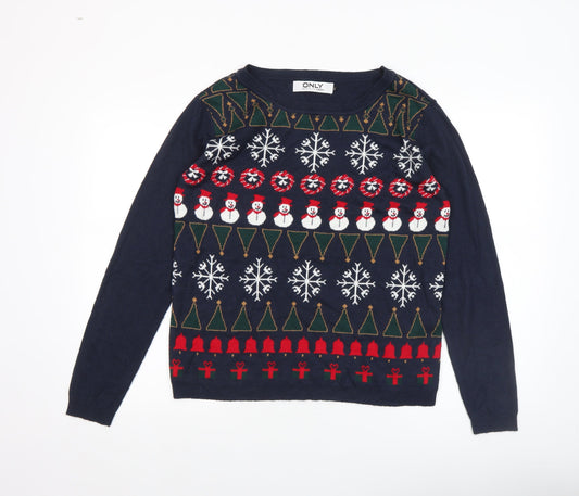 ONLY Women's Blue Christmas Fair Isle Crew Neck Jumper L