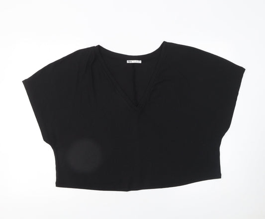 Zara Women Black Cropped V-Neck Jersey T-Shirt Size L