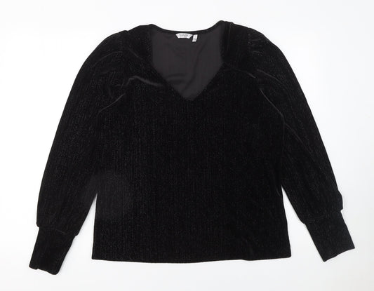 b.young Women's Black Velvet Long Sleeve V-Neck Blouse Size L