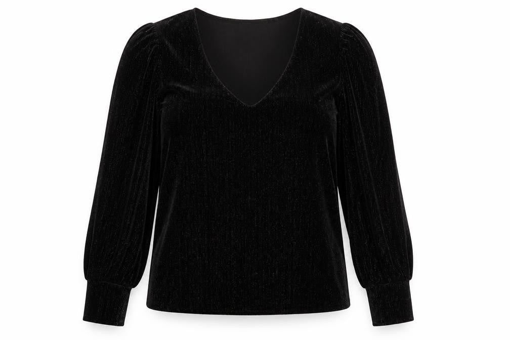 Front view of b.young Women's Black Velvet Long Sleeve V-Neck Blouse, size L