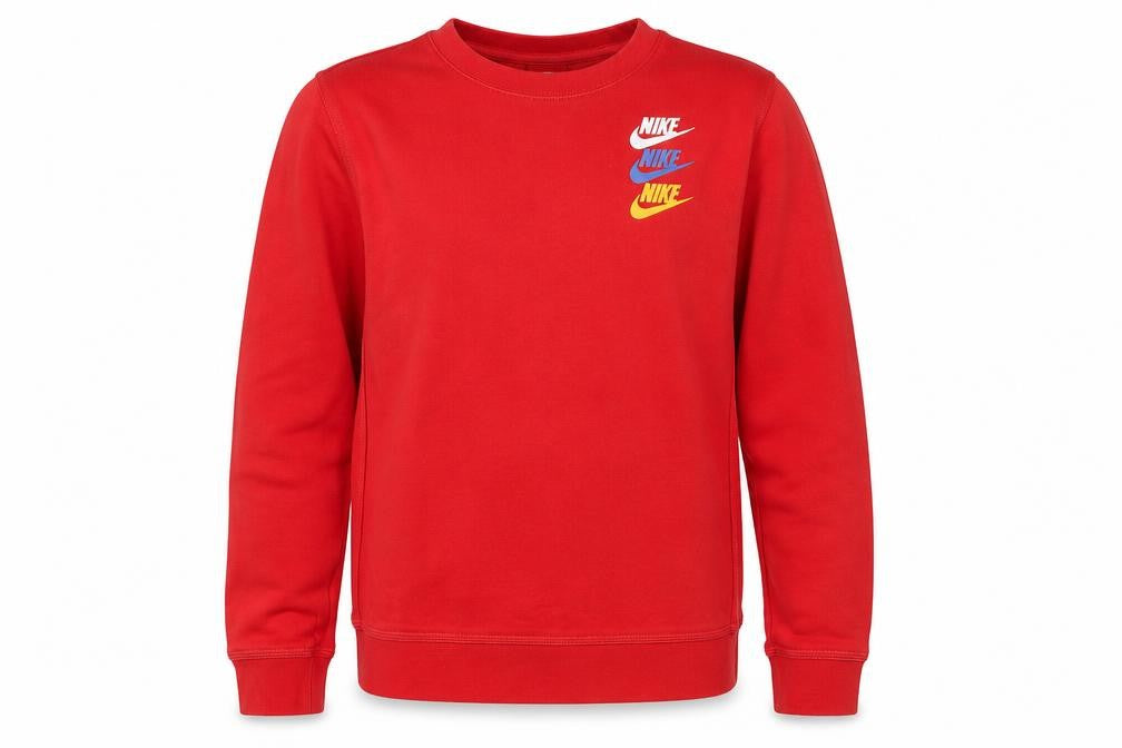 Front view of Nike boys’ red logo crew neck fleece sweatshirt l 147-158cm