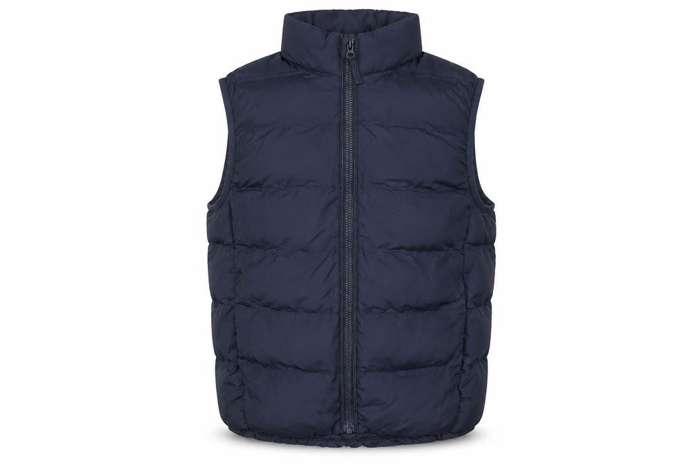 Front view of Uniqlo boys’ blue puffer waistcoat 7-8 years lightweight quilted gilet