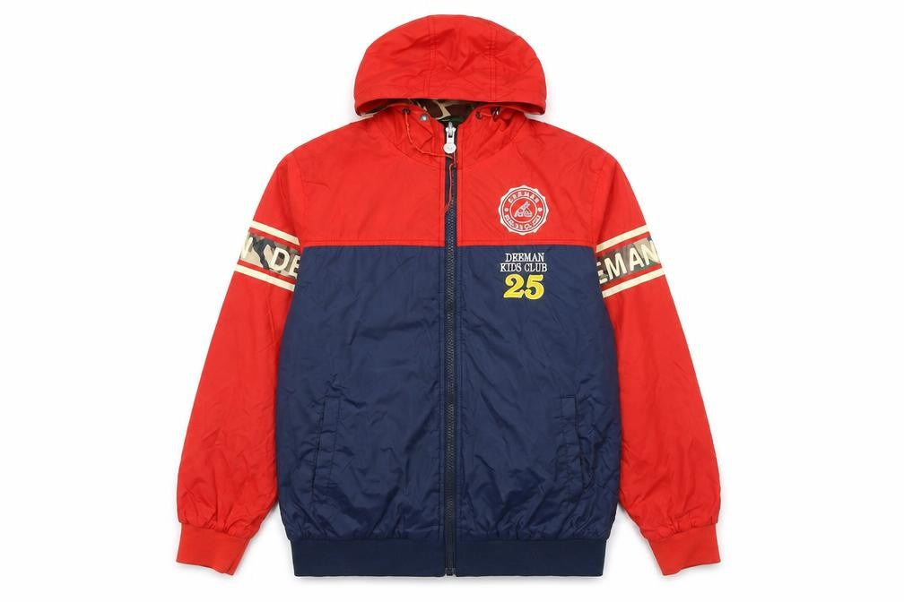 Front view of Deeman boys’ red blue hooded windbreaker jacket 13-14 years full zip casual