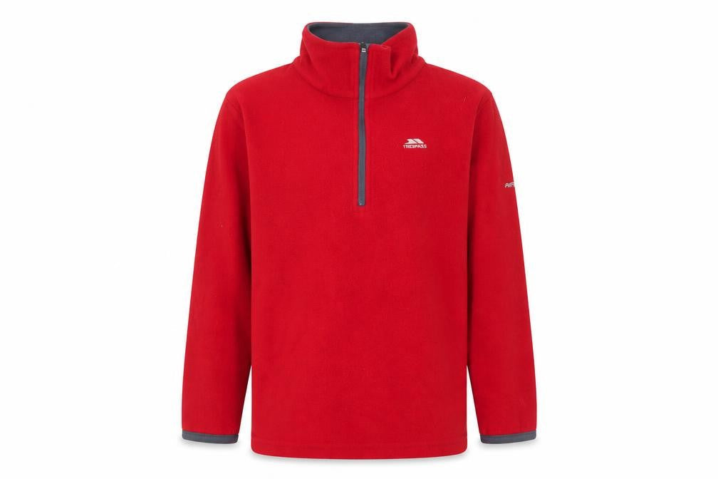 Front view of Trespass boys’ red fleece half zip pullover sweatshirt 9-10 years