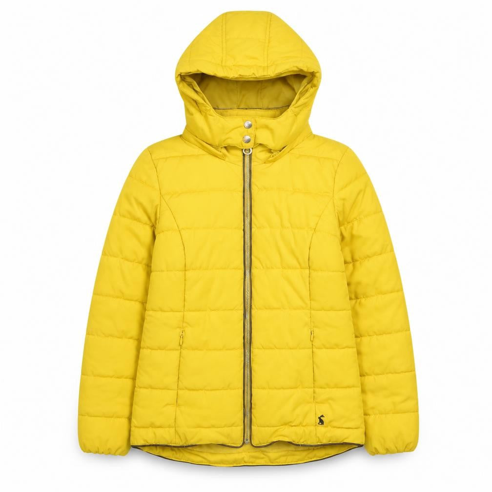 Front view of Joules girls’ yellow hooded puffer jacket 10 years lightweight winter coat