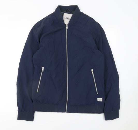 Jack & Jones Men's Blue Bomber Jacket L Lightweight Full Zip