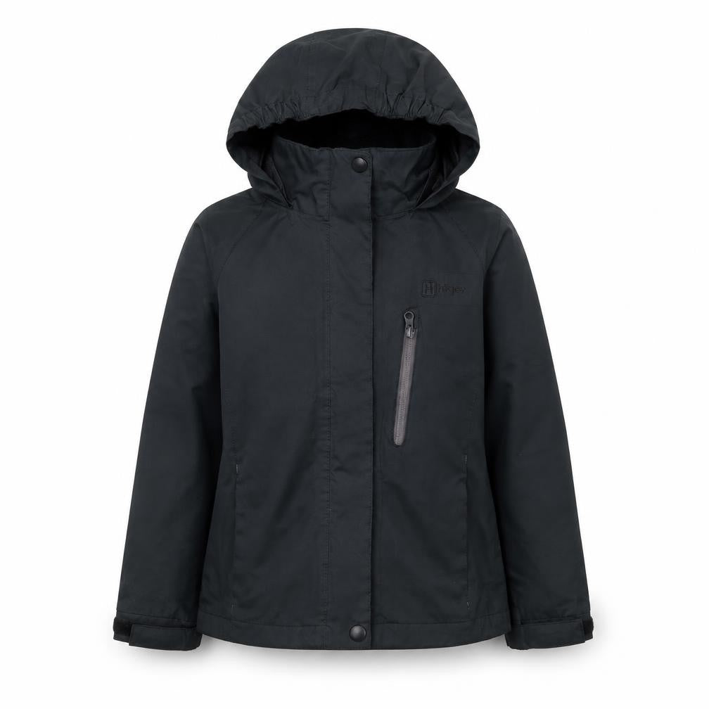 Front view of Hi Gear boys’ black waterproof hooded rain coat jacket 5-6 years
