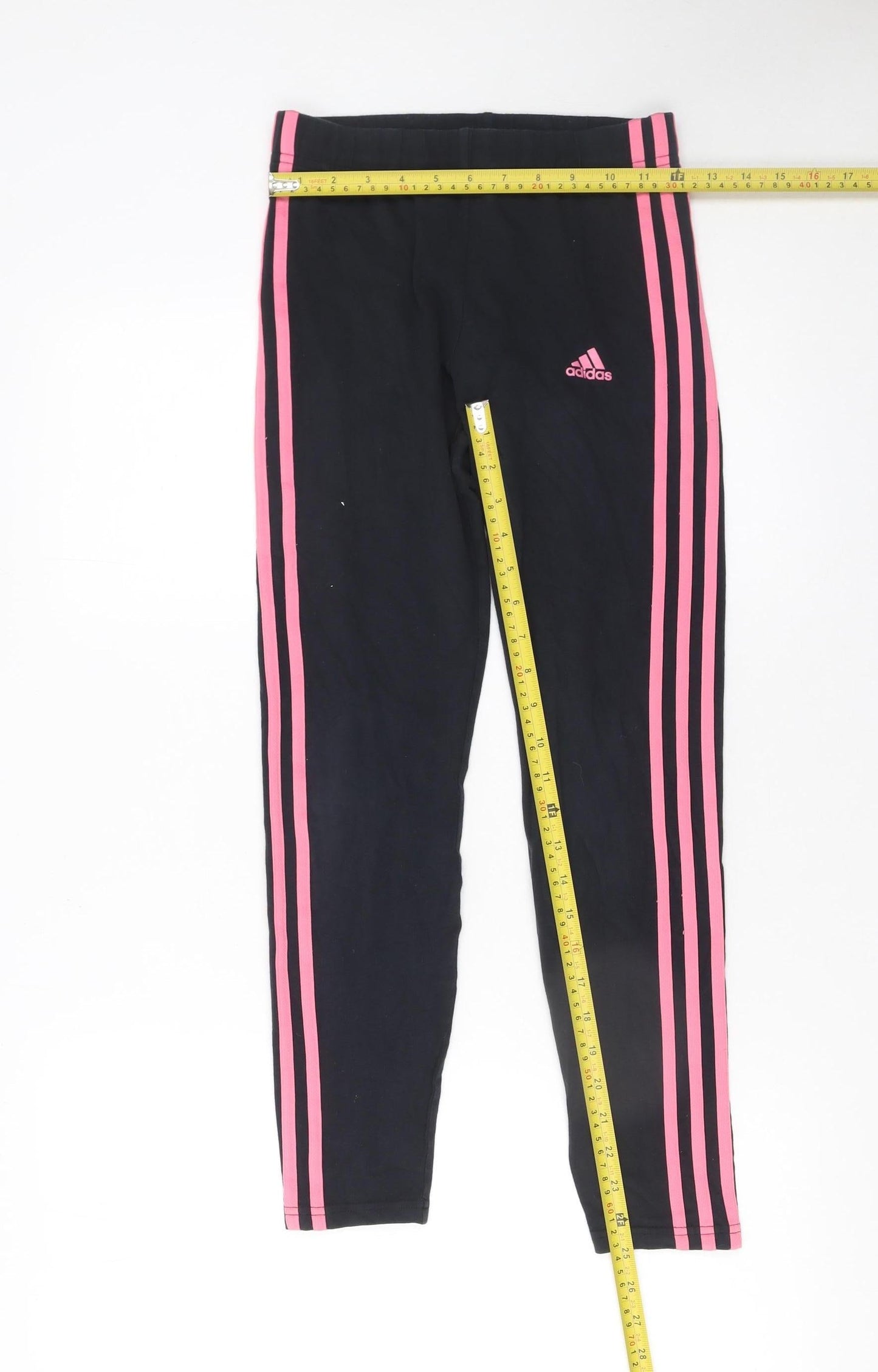 Adidas Girls Black Pink Stripe Ankle Leggings 13-14 Years Cotton Stretch