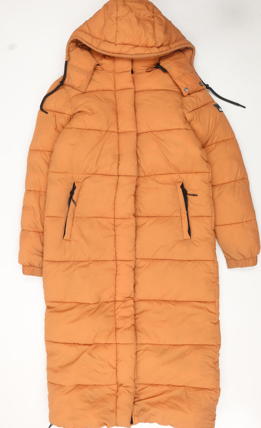 Superdry Womens Orange Long Hooded Puffer Coat Size 10