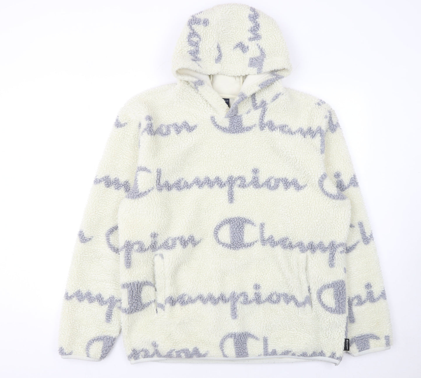 Champion Men's Ivory Fleece Pullover Hoodie Size L Logo Print