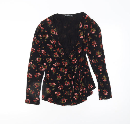 Boohoo Womens Black Floral Wrap Blouse Size 12 Long Sleeve