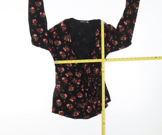 Boohoo Womens Black Floral Wrap Blouse Size 12 Long Sleeve