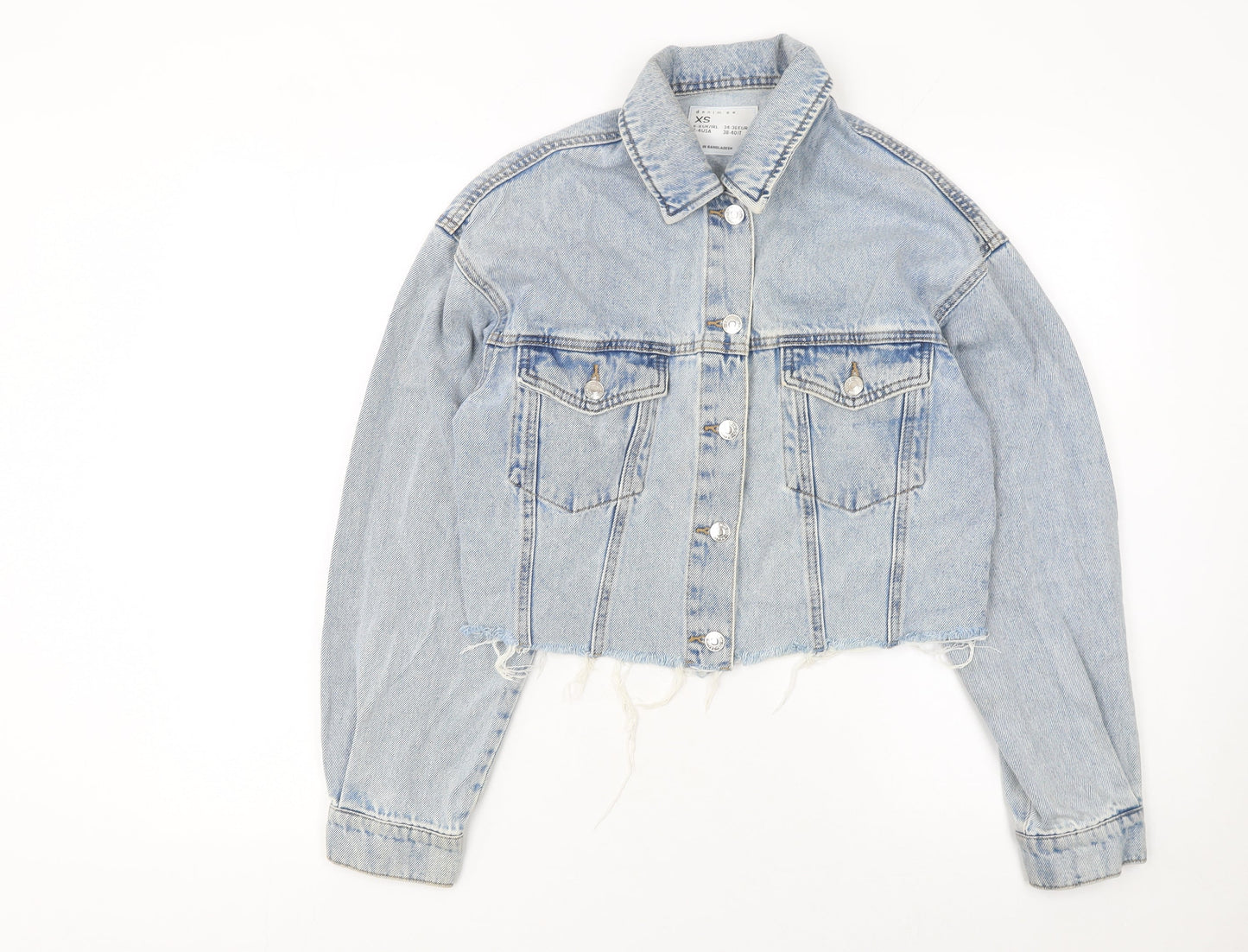 Denim Co. Womens Blue XS Cropped Denim Jacket Frayed Hem Casual