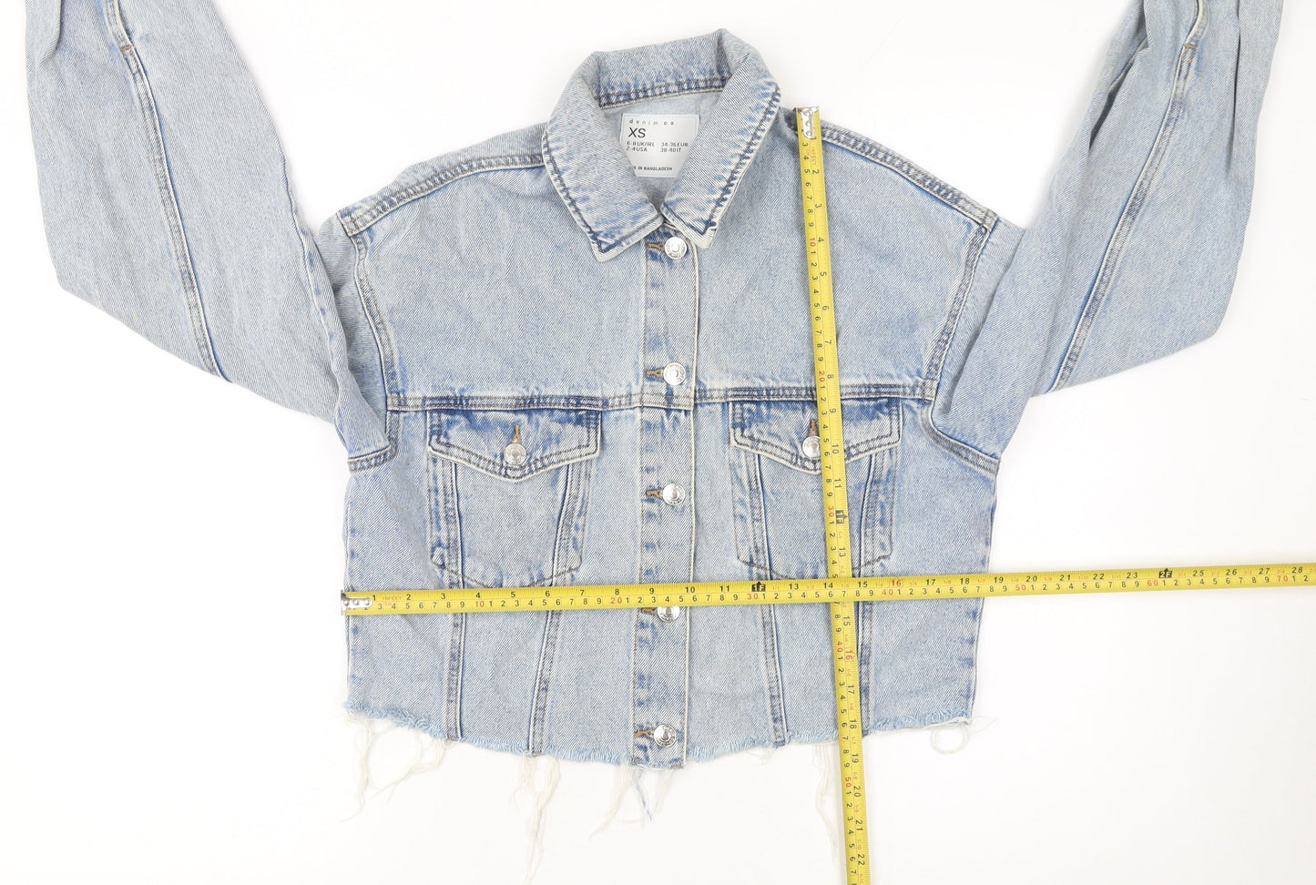 Denim Co. Womens Blue XS Cropped Denim Jacket Frayed Hem Casual