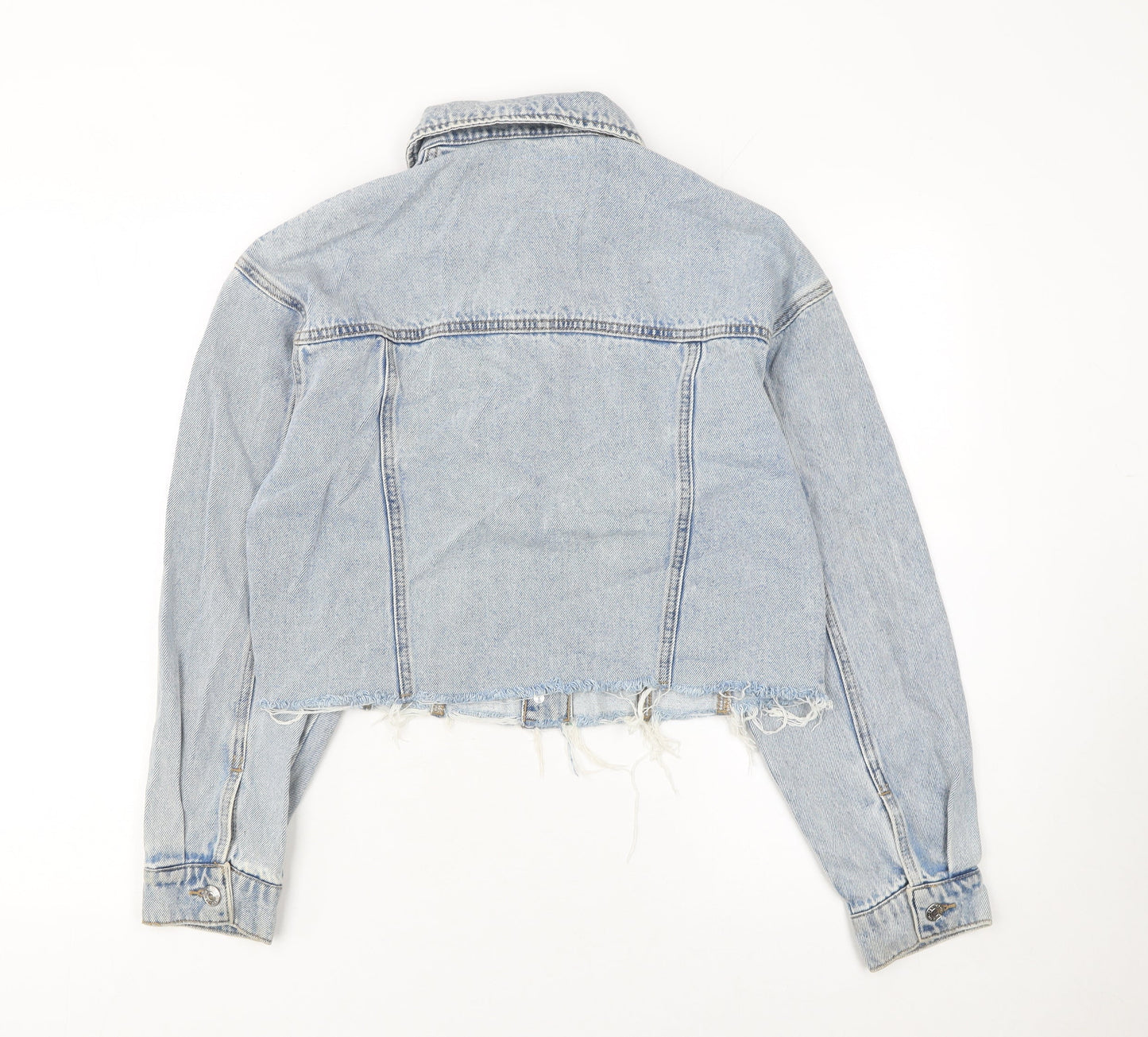 Denim Co. Womens Blue XS Cropped Denim Jacket Frayed Hem Casual