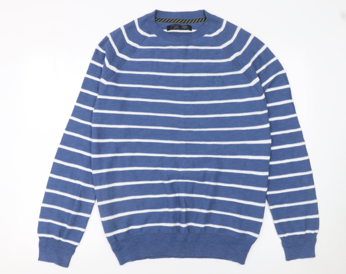 Paul Costelloe Living Men's Blue Striped Cotton Crew Neck Pullover Jumper Medium