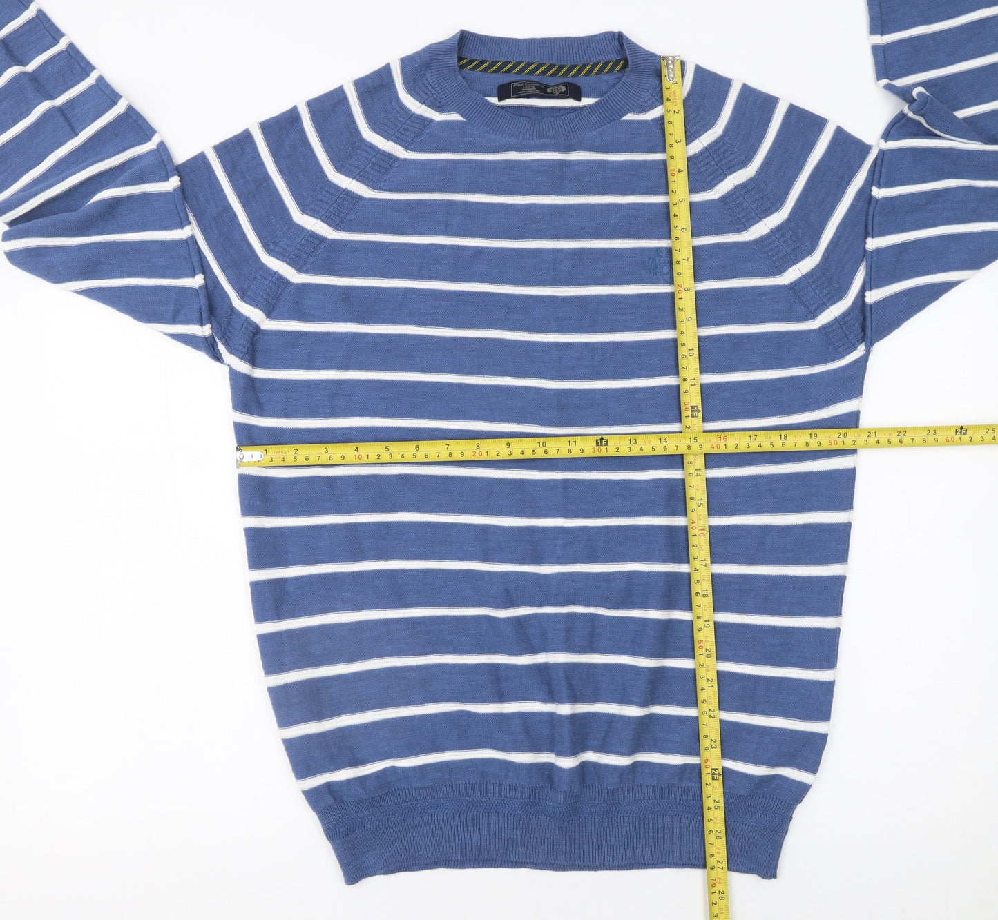 Paul Costelloe Living Men's Blue Striped Cotton Crew Neck Pullover Jumper Medium