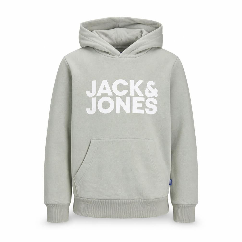 Front view of Jack & Jones boys’ green pullover hoodie, size 10, years fleece cotton logo