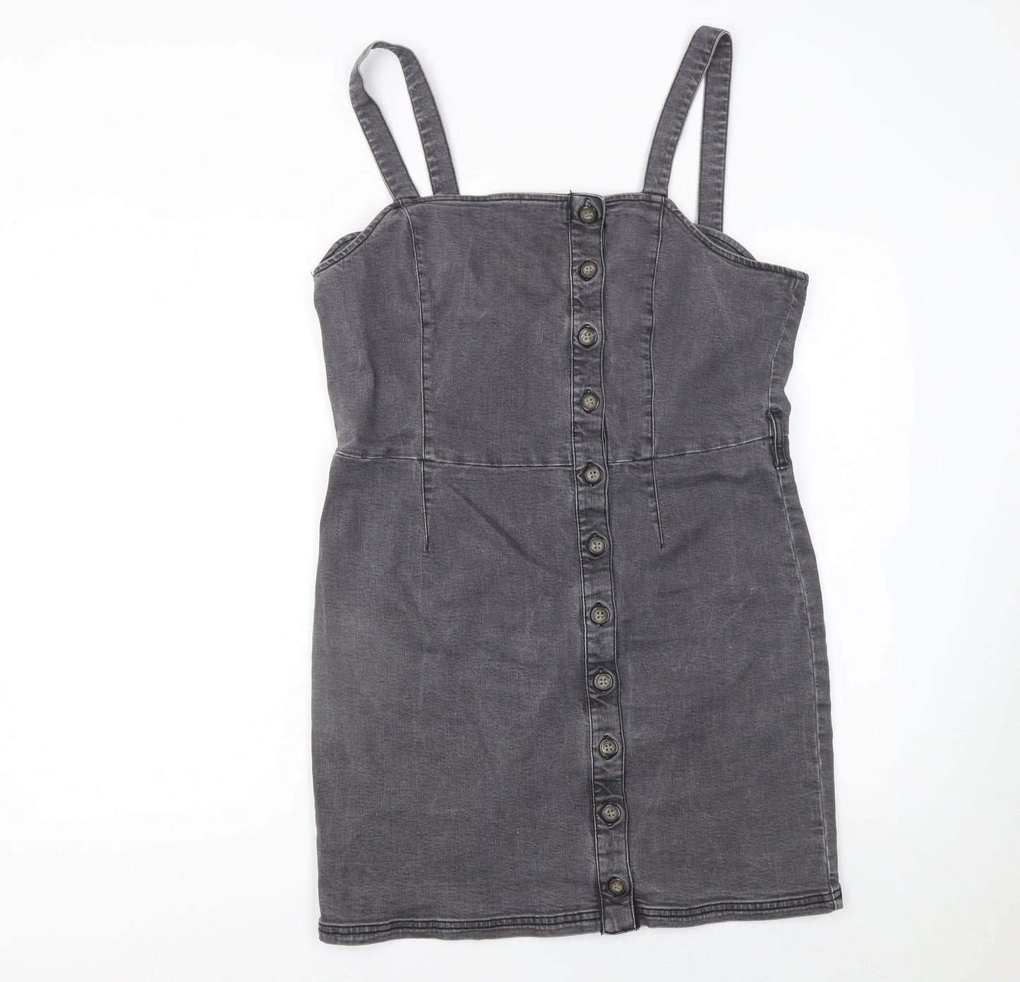 Miss Selfridge Women Grey Size 16 Denim Button Pinafore Dress