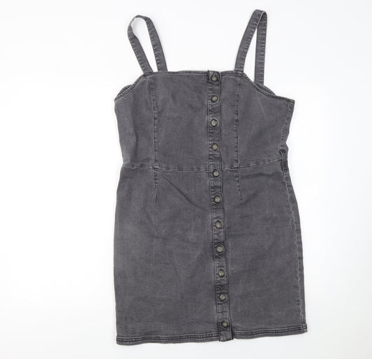Miss Selfridge Women Grey Size 16 Denim Button Pinafore Dress