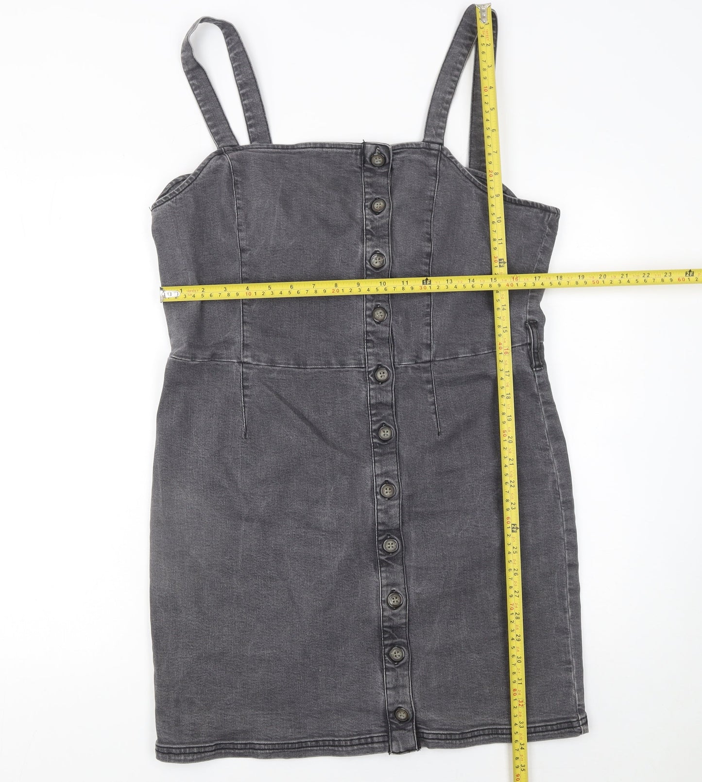 Miss Selfridge Women Grey Size 16 Denim Button Pinafore Dress