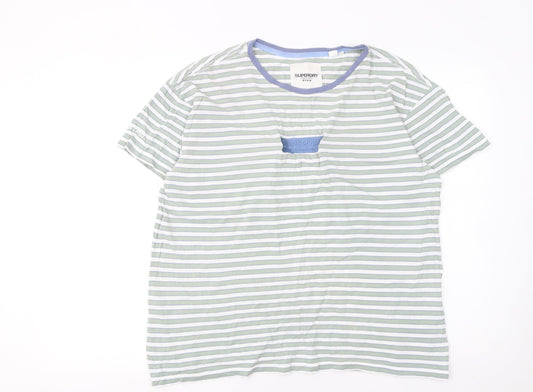Superdry Women's Green Striped Cotton T-Shirt UK 14 Short Sleeve