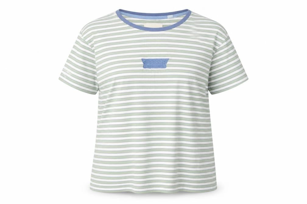 Superdry Women's Green Striped Cotton T-Shirt UK 14 Short Sleeve