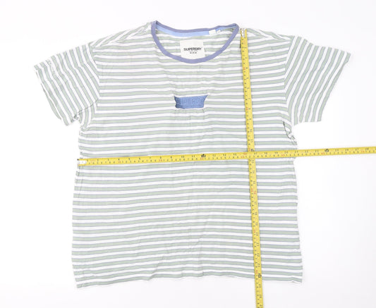 Superdry Women's Green Striped Cotton T-Shirt UK 14 Short Sleeve