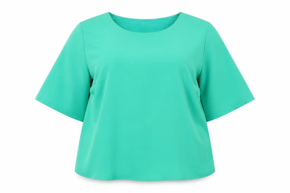 Front view of Dunnes women’s green short sleeve basic blouse, size UK 12