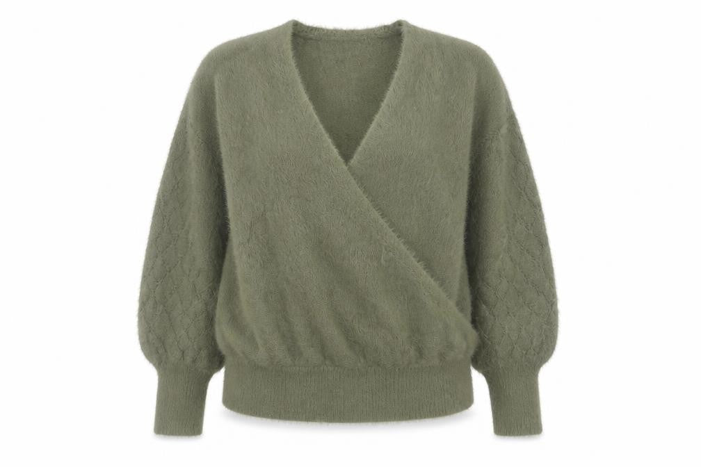 Front view of Gallery Women’s Green Wrap Knit Jumper XL V-Neck Balloon Sleeve