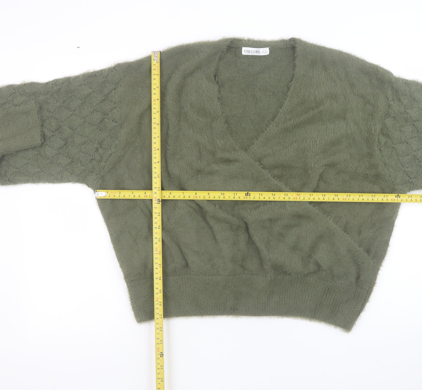 Gallery Women’s Green Wrap Knit Jumper XL V-Neck Balloon Sleeve