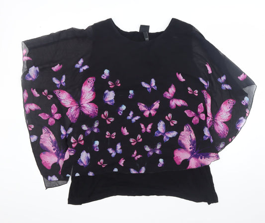 Ulla Popken Women's Black Butterfly Chiffon Tunic Top Size 16