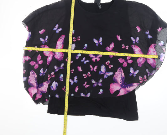 Ulla Popken Women's Black Butterfly Chiffon Tunic Top Size 16