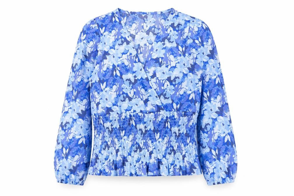 Front view of Gallery Women’s Blue Floral Wrap Blouse, size UK 14, Long Sleeve