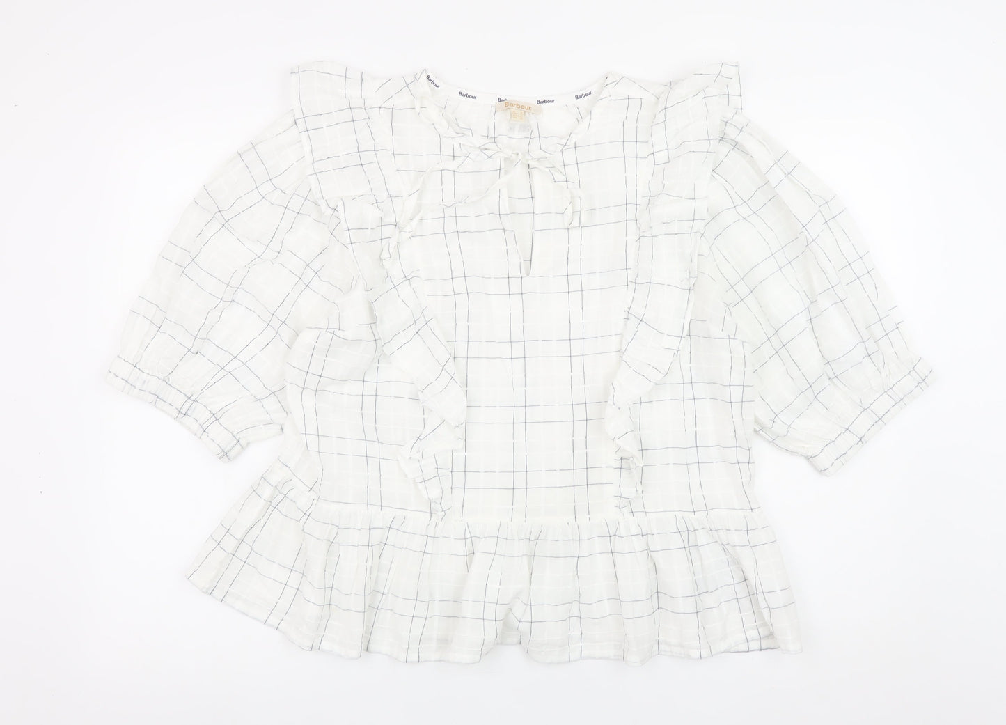 Barbour Women's White Cotton Check Ruffle Blouse Size 16