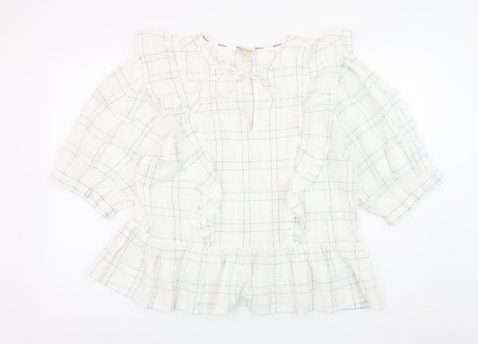 Barbour Women's White Cotton Check Ruffle Blouse Size 16