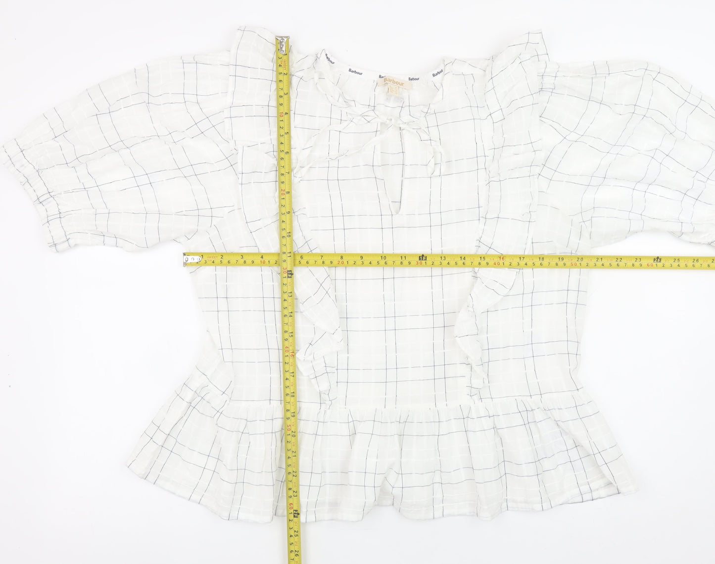 Barbour Women's White Cotton Check Ruffle Blouse Size 16