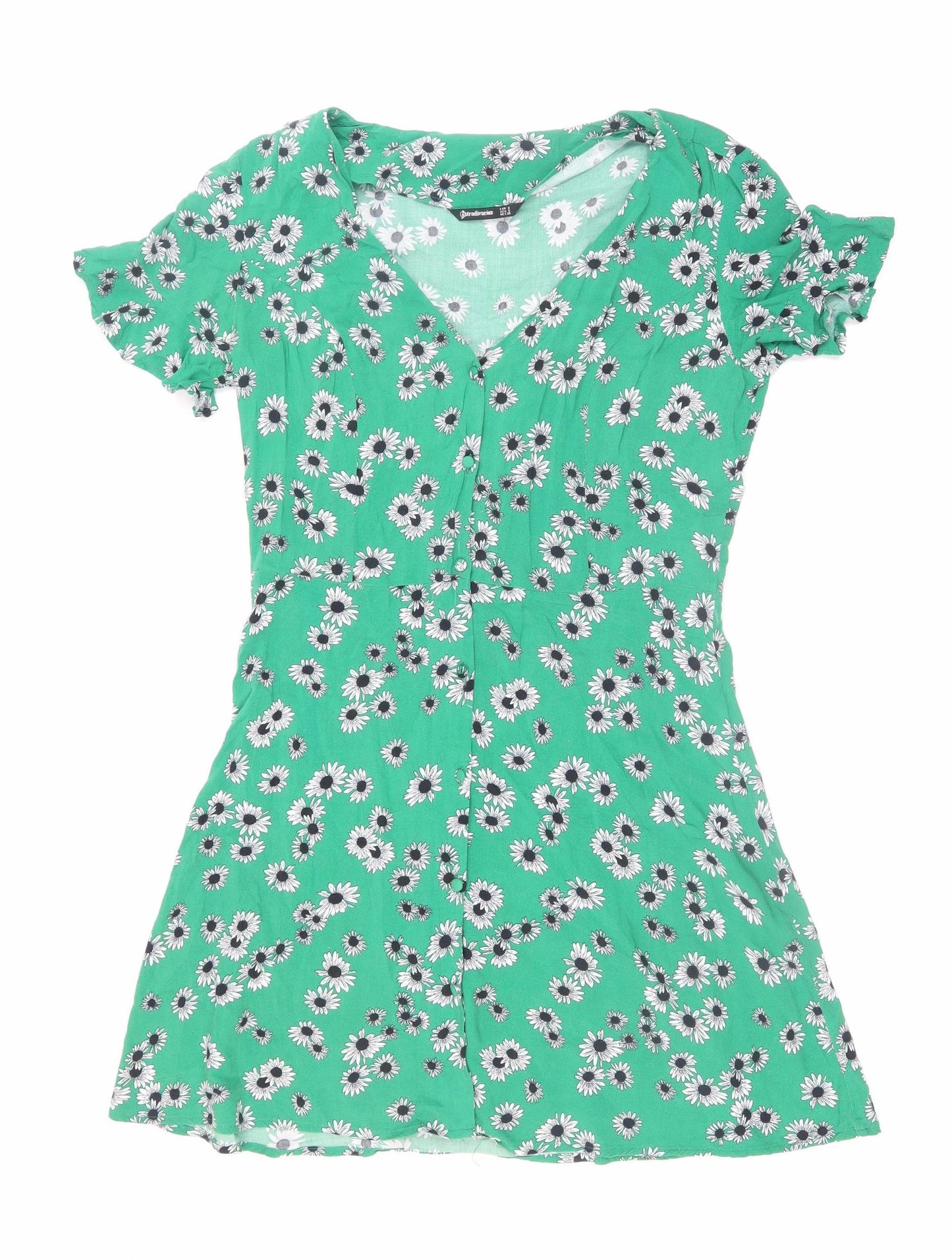 Stradivarius Women’s Green Floral Short Skater Dress Size 8