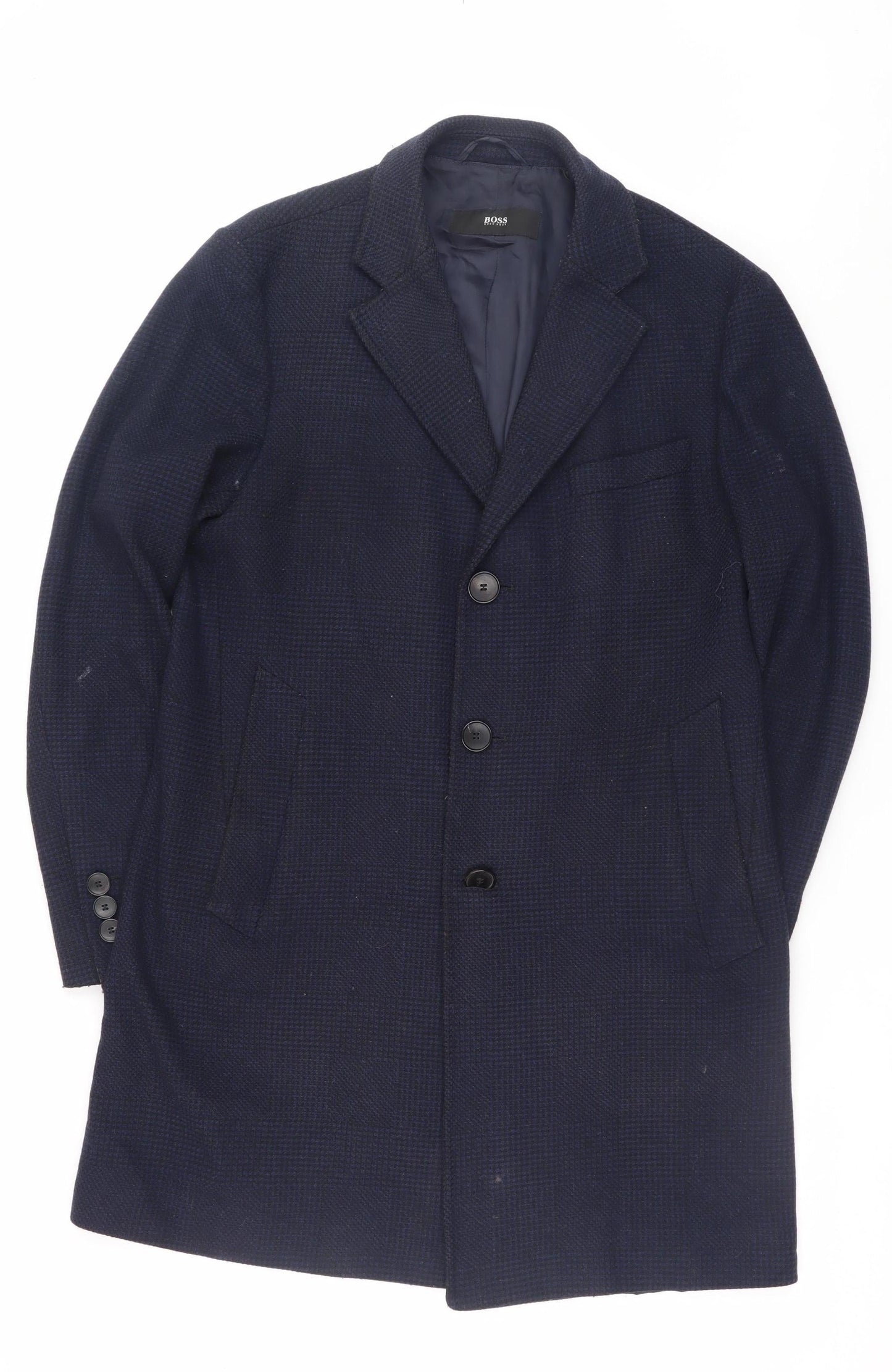 Hugo Boss Men's Blue Wool Blend Long Overcoat Size 46 Regular