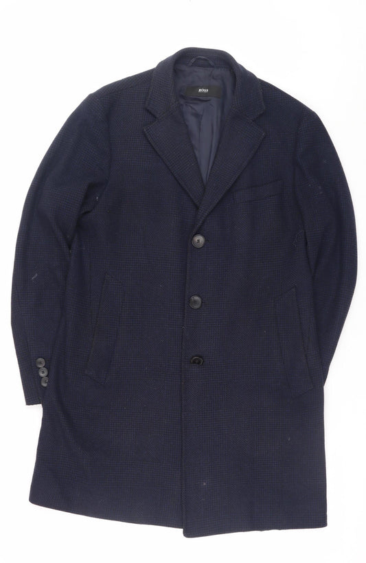 Hugo Boss Men's Blue Wool Blend Long Overcoat Size 46 Regular