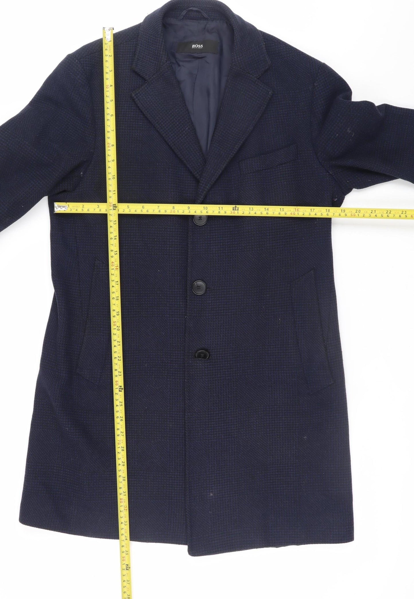 Hugo Boss Men's Blue Wool Blend Long Overcoat Size 46 Regular