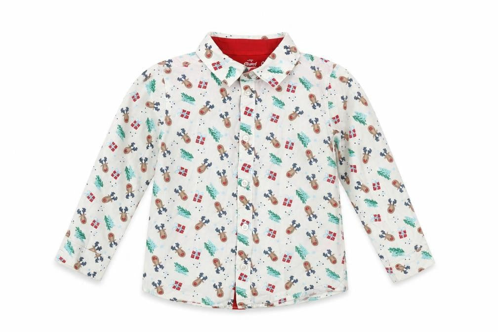 Front view of Mini Rebel boys’ white christmas reindeer button-up cotton shirt 18-24 months